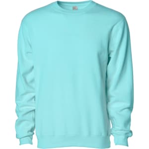 A mint green crew sweatshirt with long sleeves and a rounded neckline, featuring a small logo.