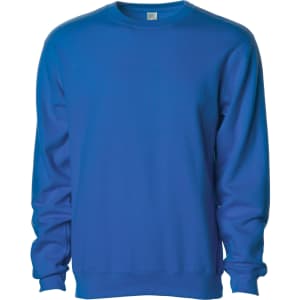 A blue men's basic crew sweatshirt with long sleeves and a crew neckline. It features a logo on the label.