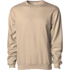 A beige men's basic crew sweatshirt with long sleeves and a simple design. It features a logo on the label.