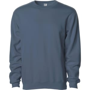 A men's basic crew sweatshirt in a muted blue colour, featuring a crew neck and long sleeves. It has a logo on the label.