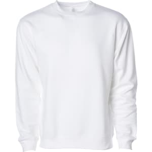 A plain white crew sweatshirt with long sleeves and a crew neckline. It features a logo on the label.