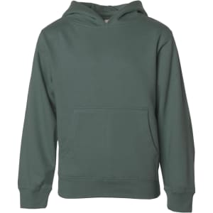 A green hoodie featuring a front pocket and a hood, designed for boys. It has a simple style with long sleeves.