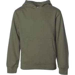 A basic boys' hooded sweatshirt in olive green, featuring a front pocket. It includes a hood and long sleeves.