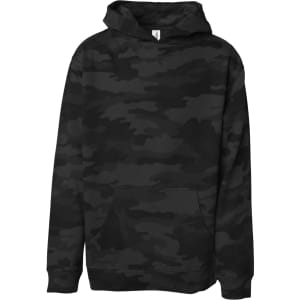 A black camouflage hoodie featuring a front pocket and a hood, with a logo on the label.