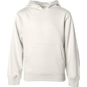 A plain white hooded sweatshirt featuring a front pocket and long sleeves. It has a logo on the front.