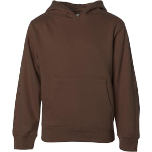 A brown hooded sweatshirt with a front pocket and a hood. It features a logo on the front.