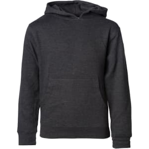 A boys' basic hooded sweatshirt in dark grey, featuring a front pocket and a attached hood. It has a logo.
