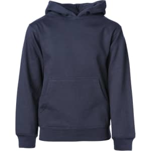 A navy blue hooded sweatshirt featuring a front pocket and a hood, with a logo visible on the garment.
