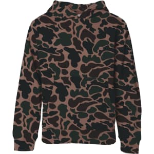 A boys' hoodie in a camouflage pattern featuring shades of brown, green, and black. It has a hood and long sleeves.