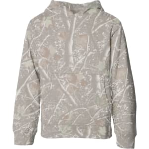 A boys' basic hood in a camouflage pattern featuring shades of grey, green, and subtle pink. It has a front pocket and a hood.