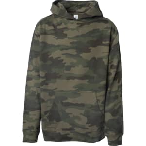 A camouflage hooded sweatshirt in shades of green and brown with a front pocket and a logo.