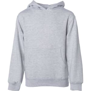 A grey boys' basic hooded sweatshirt with a front pocket and long sleeves. It features a simple design with a logo.