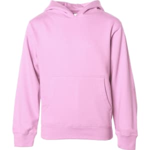 A pink hooded sweatshirt featuring a front pocket and a hood. It has a simple design and no visible logos.