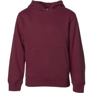 A burgundy hooded sweatshirt with a front pocket and a branding logo.