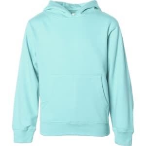 A mint green hooded sweatshirt with a front pocket and long sleeves, featuring a logo on the front.