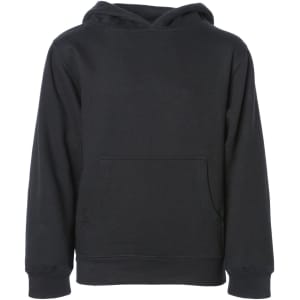 A black hooded sweatshirt for boys featuring a front pocket and a drawstring hood. It has a branding logo.