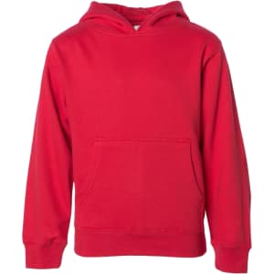 A red hooded sweatshirt featuring a front pocket and a hood, suitable for boys. It has a logo on the front.