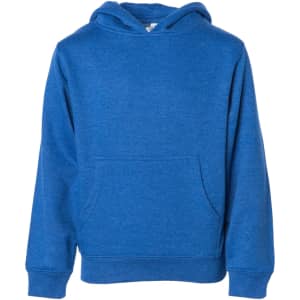 A blue hoodie with a front pocket and a hood, featuring a logo on the chest.