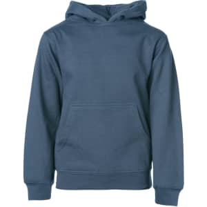 A blue hooded sweatshirt with a front pocket and long sleeves. It features a logo on the front.