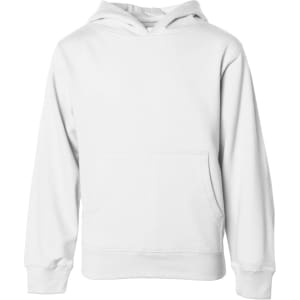 A white hooded sweatshirt with a front pocket and a logo on the chest.