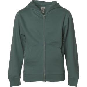 A green zip-up hoodie with a hood and front pockets, featuring a branded label.
