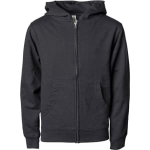 A black zip-up hoodie for boys featuring a kangaroo pocket and a hood. It has a simple design and a logo.
