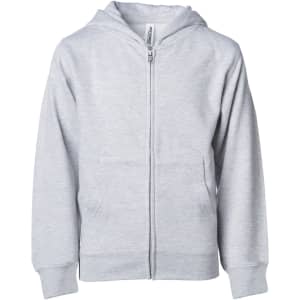 A grey zip-up hooded sweatshirt for boys with a front pocket and a hood. It features branding on the label.