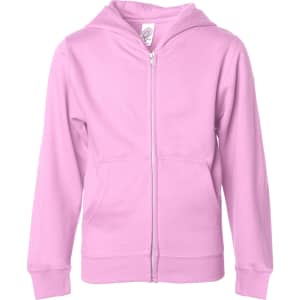 A pink zip-up hoodie with a hood and front pockets, featuring a logo.