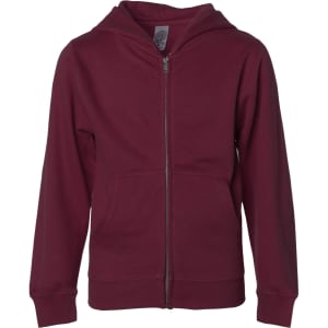 A maroon zip-up hoodie with a front pocket and a hood, featuring a logo on the inside label.