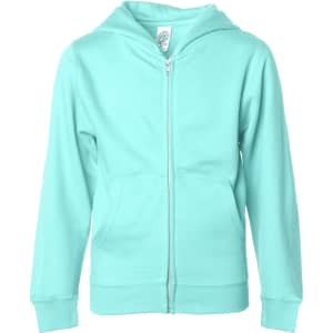 A mint green zip-up hoodie featuring a hood and a front zipper. The garment has a branded label inside.