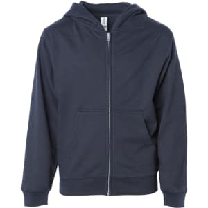 A navy zip-up hooded sweatshirt with a front kangaroo pocket and a logo on the label.