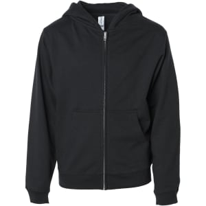 A black zip-up hoodie featuring a front pocket and a hood, with a logo on the label.