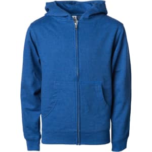 A blue zip-up hoodie for boys with a front pocket and a hood. It features a logo on the chest area.