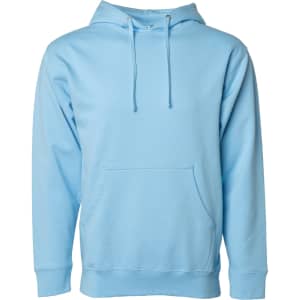 A light blue midweight pullover hood with a front pocket and a hood. It features a logo.