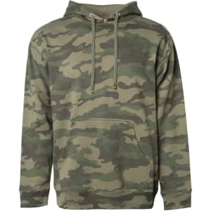 A midweight pullover hood in a camouflage pattern featuring shades of green and brown. It has a front pocket and a logo.