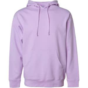 A midweight pullover hood in light purple with a front pocket and a hood, featuring a logo.