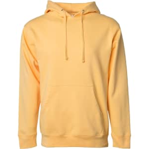 A yellow midweight pullover hooded sweatshirt with a front pocket and drawstring hood, featuring a logo.