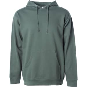 A midweight pullover hood in a muted green colour, featuring a front pocket and a drawstring hood.