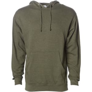 A men's midweight pullover hood in olive green with a front pocket and a hood, featuring a logo.