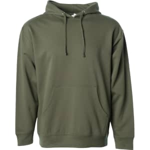 A men's midweight pullover hood in olive green, featuring a front pouch pocket and a hood. It has a logo.