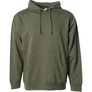 A men's midweight pullover hood in olive green, featuring a front pocket and a hood with drawstrings. It has a logo.