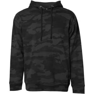 A midweight pullover hood in a black camouflage pattern, featuring a front pocket and drawstring hood.