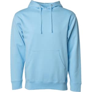 A light blue midweight pullover hooded sweatshirt with a front pocket and a logo.