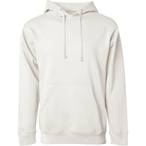 A men's midweight pullover hood in a light cream colour, featuring a front pocket and a drawstring hood.
