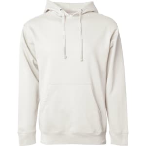 A men's midweight pullover hood in light grey, featuring a front pocket and a hood. Includes a logo.