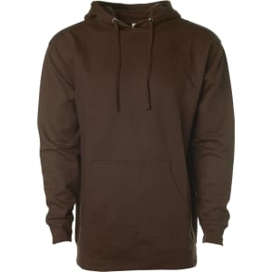 A brown midweight pullover hood with a front pocket and drawstrings, featuring a branding logo.