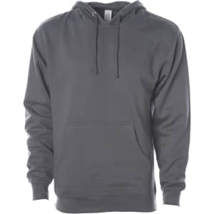 A grey midweight pullover hood featuring a front pocket and adjustable drawstring hood. Includes a logo.