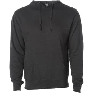 A men's midweight pullover hood in dark grey, featuring a front pocket and a logo.
