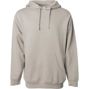 A beige midweight pullover hoodie with a front pocket and a drawstring hood. It features a logo on the front.
