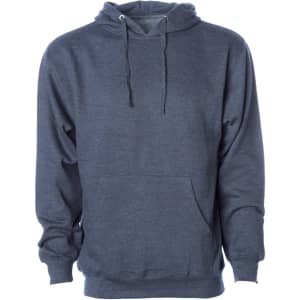 A navy blue midweight pullover hooded sweatshirt with a front pouch pocket and drawstrings. It features a logo.